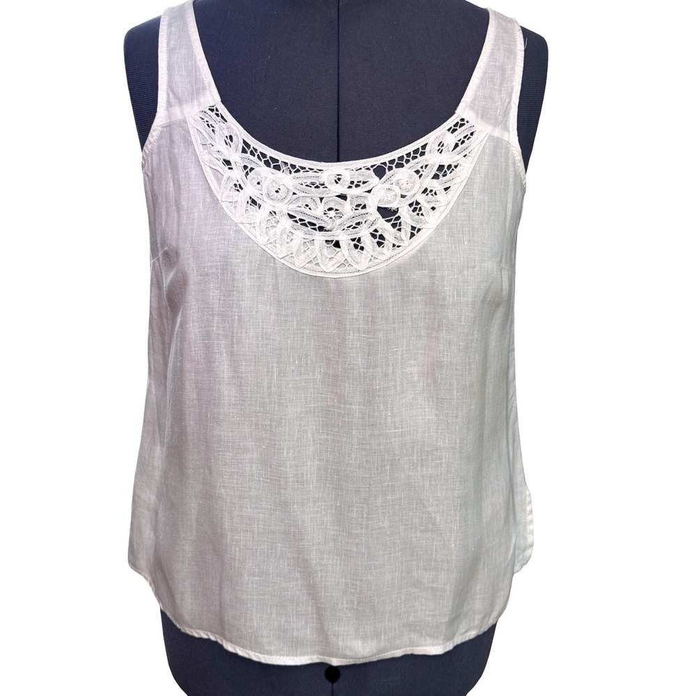 Liz Claiborne Linen Tank Top Size‎ 14 White Battenburg Lace Office Siren Casual